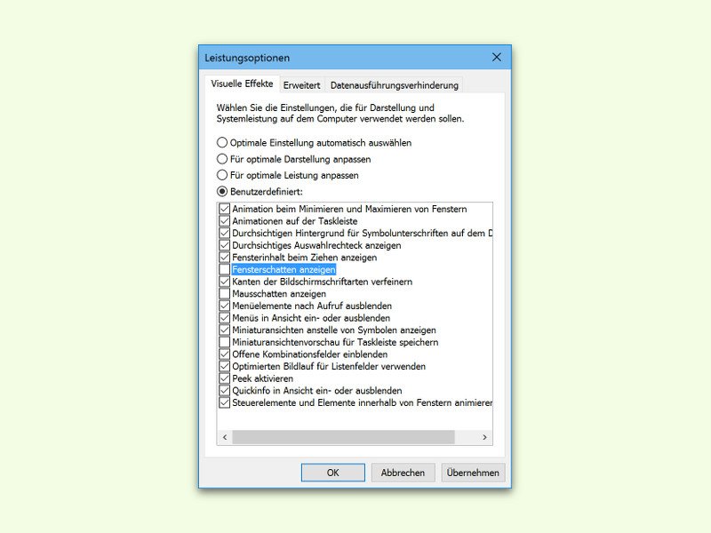 Fenster-Schatten in Windows 10 ein- oder ausschalten