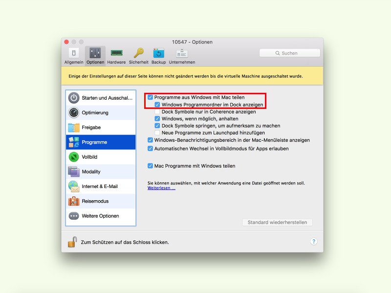 Per Mac-Dock auf Apps in der Windows-VM zugreifen