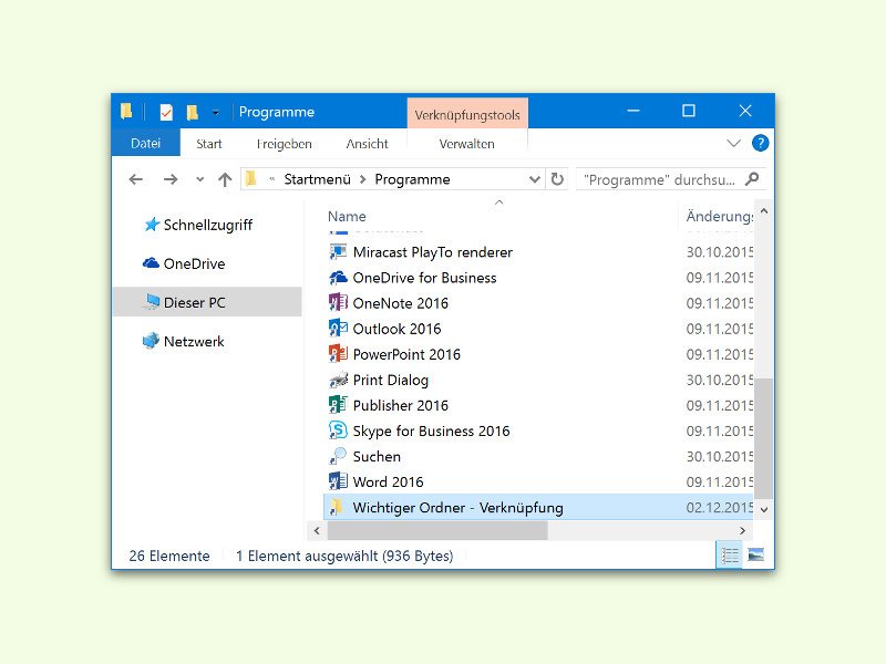 Windows 10: Ordner-Verknüpfung ins Startmenü einbauen