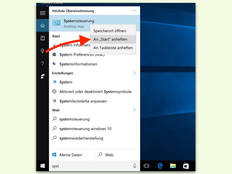 System-Steuerung ans Startmenü von Windows 10 anheften