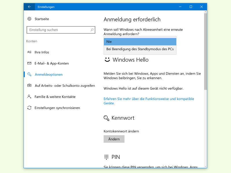 Windows 10: Nach dem Stand-By kein Kennwort anfordern