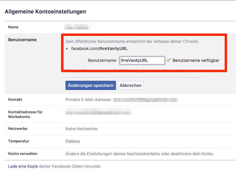 Vanity-URL auf Facebook einrichten