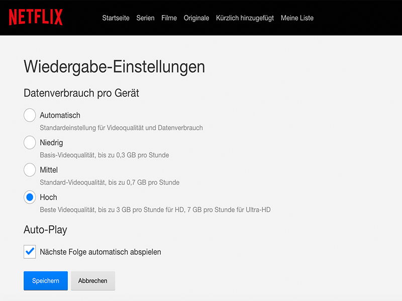 Datenverbrauch für Netflix-Streams festlegen