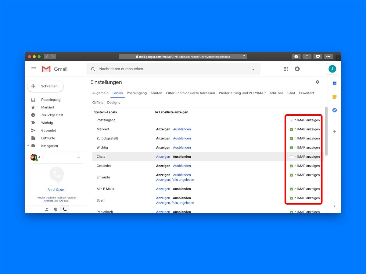 Gmail-Ordner in Outlook und Co. ausblenden