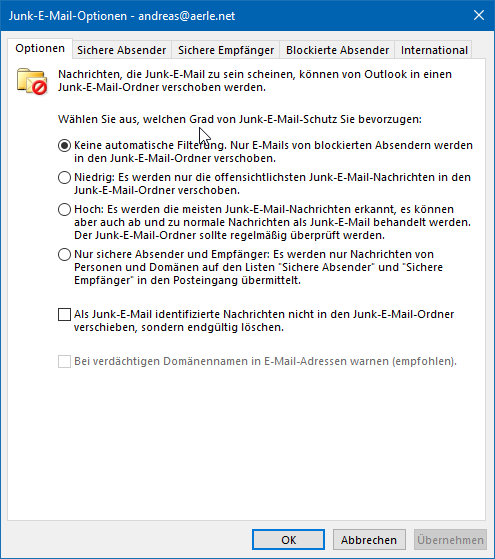 Konfiguration der automatischen Mailfilterung von Outlook