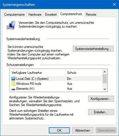 Setzen eines Wiederherstellungspunkts in Windows 10