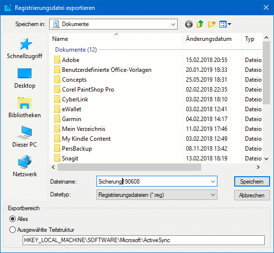 Sichern der Registry von Windows