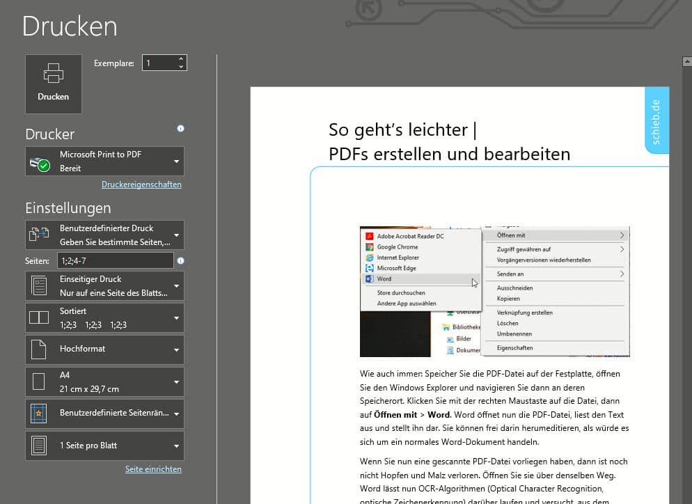 Einzelne Seiten aus Office als PDF speichern