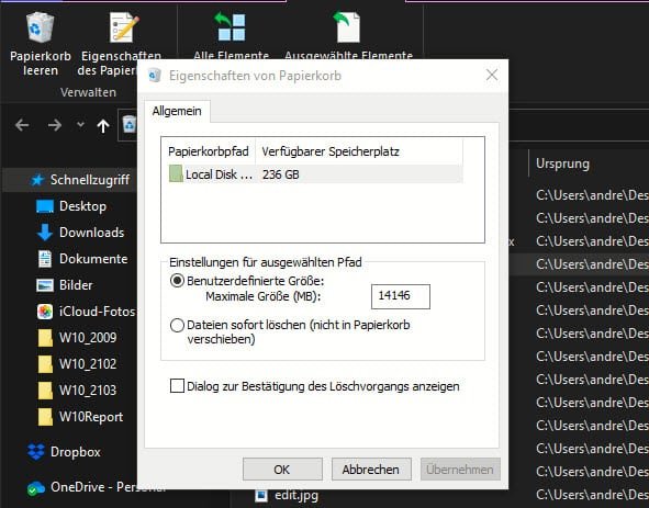 Ändern der Papierkorbgröße in Windows 10
