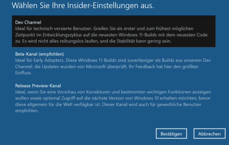 Windows 11: Verlassen des Dev-Insider Channels