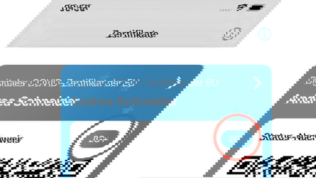 Der Gesamt-Status erscheint in der App direkt oberhalb des Zertifikats in blau