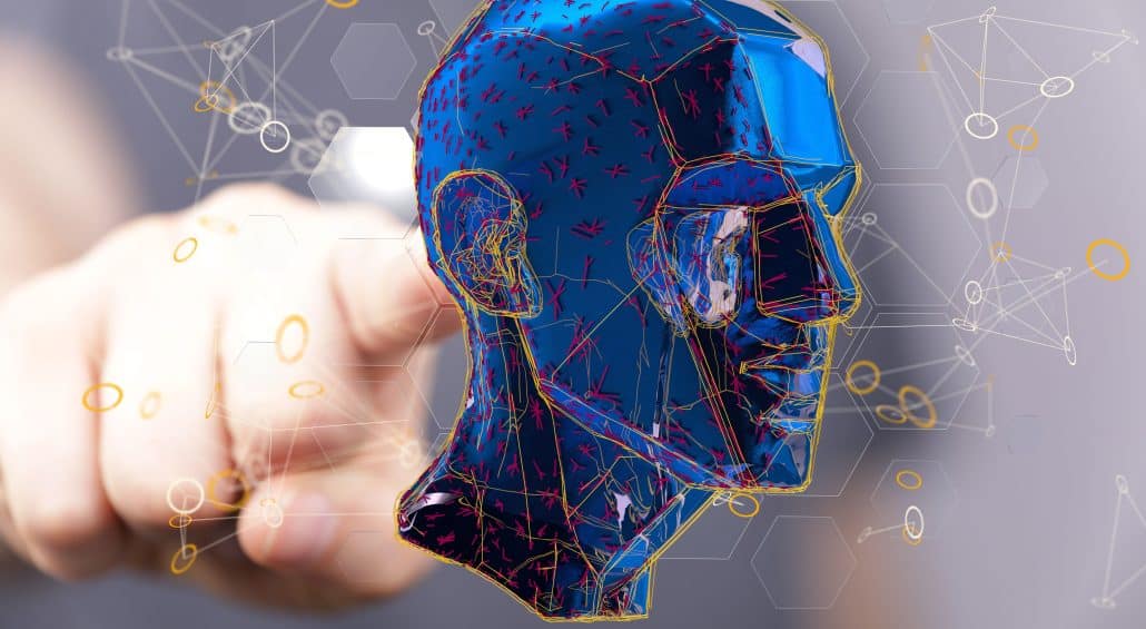 3D-Modell eines menschlichen Kopfes mit Datenvisualisierung