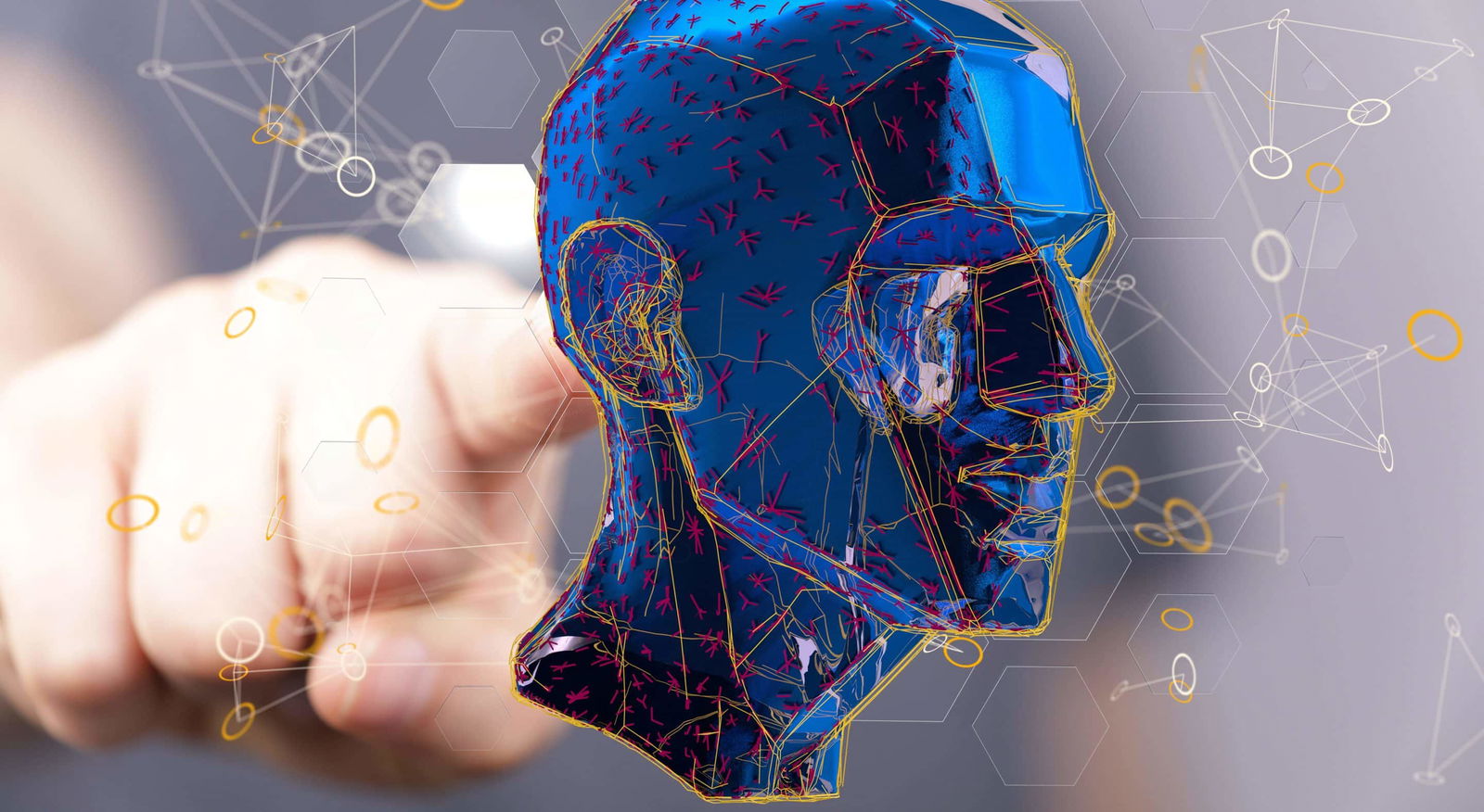 3D-Modell eines menschlichen Kopfes mit Datenvisualisierung