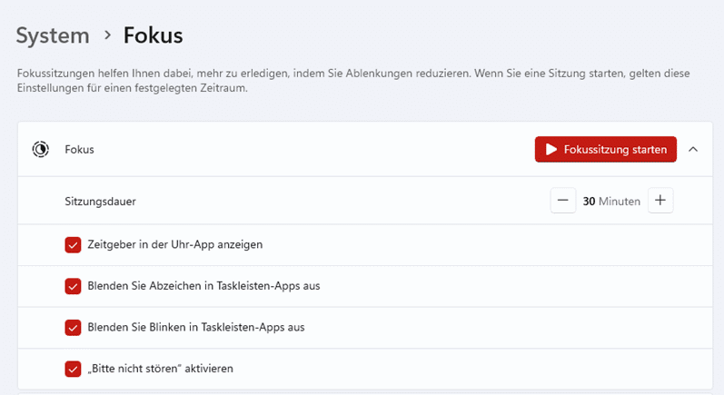 Fokusmodus Einstellungen für Ablenkungsreduktion