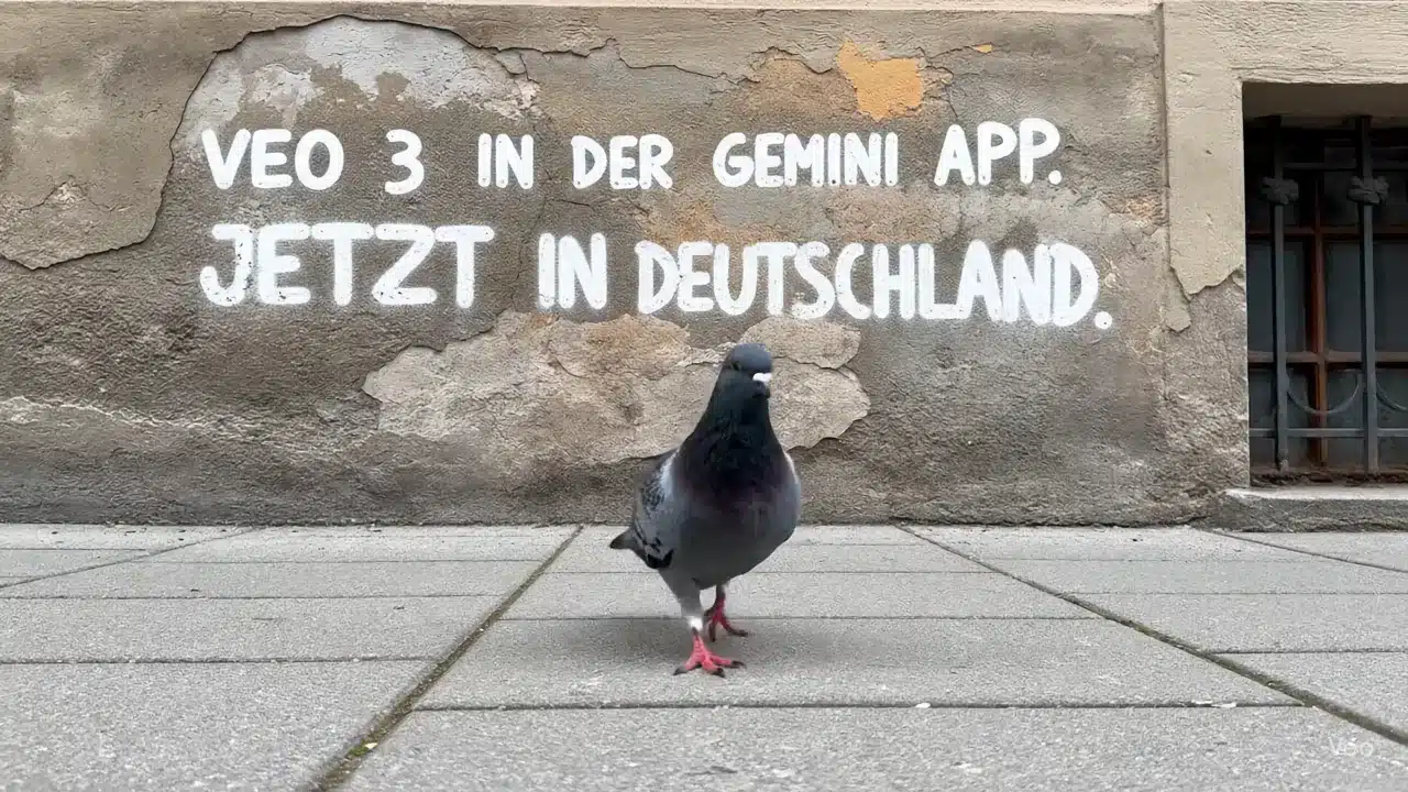 Taube vor einer Wand mit Werbung