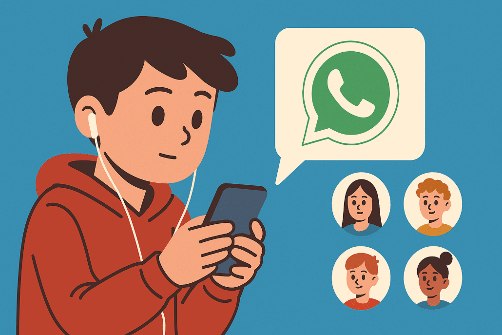 Junge nutzt WhatsApp, hört Musik mit Kopfhörern.