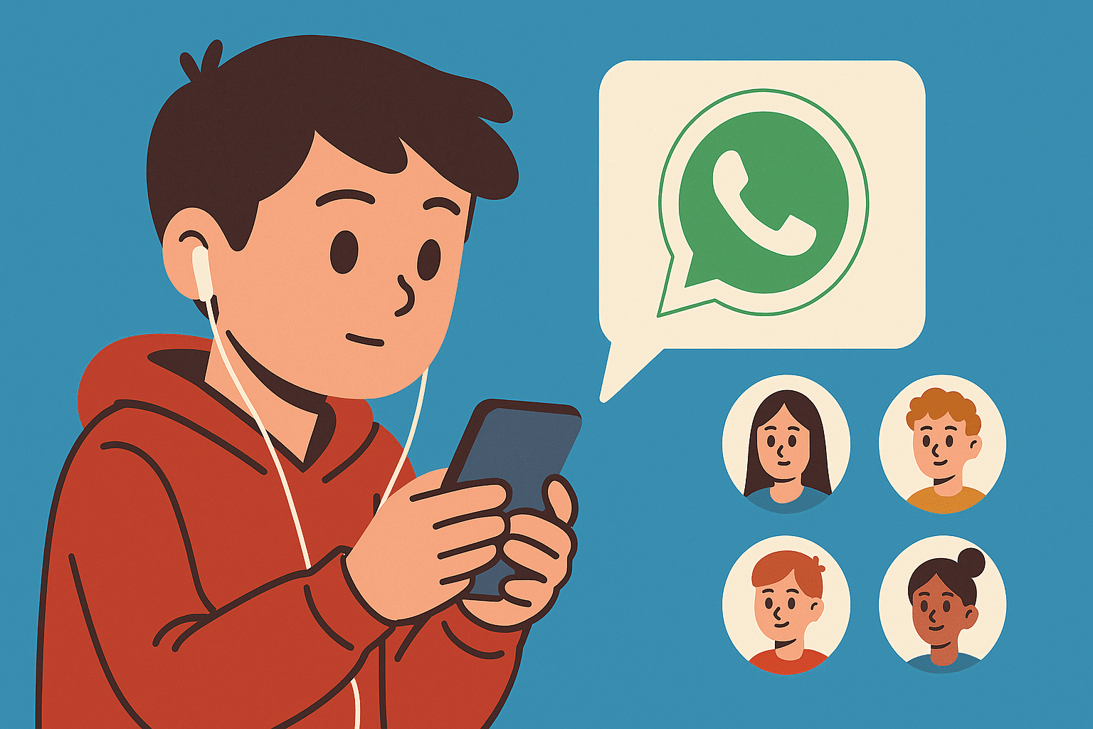Junge nutzt WhatsApp, hört Musik mit Kopfhörern.