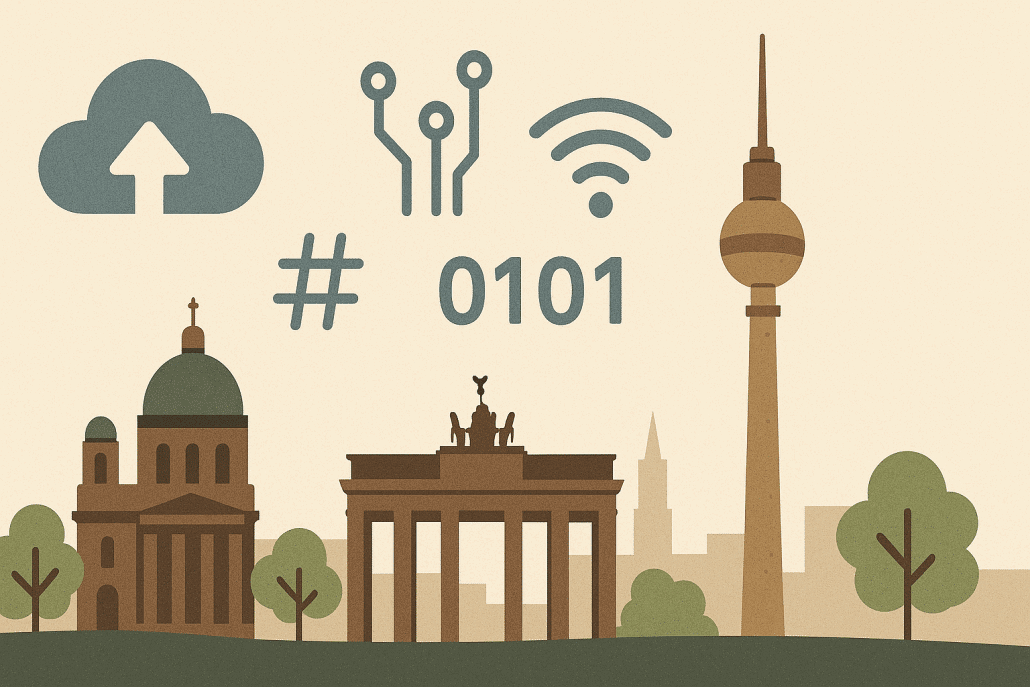 Digitalisierungssymbole mit Berliner Wahrzeichen im Hintergrund.