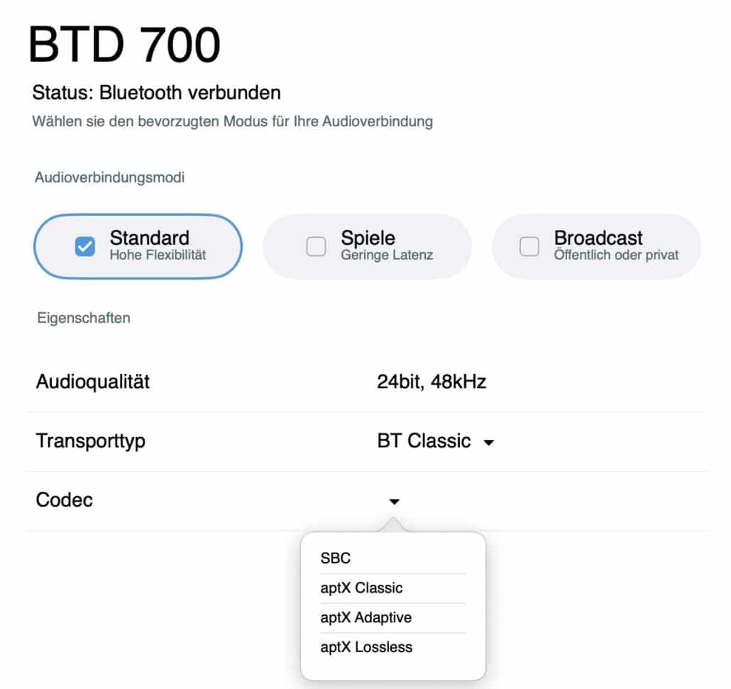 Bluetooth-Status BTD 700 und Audioeinstellungen