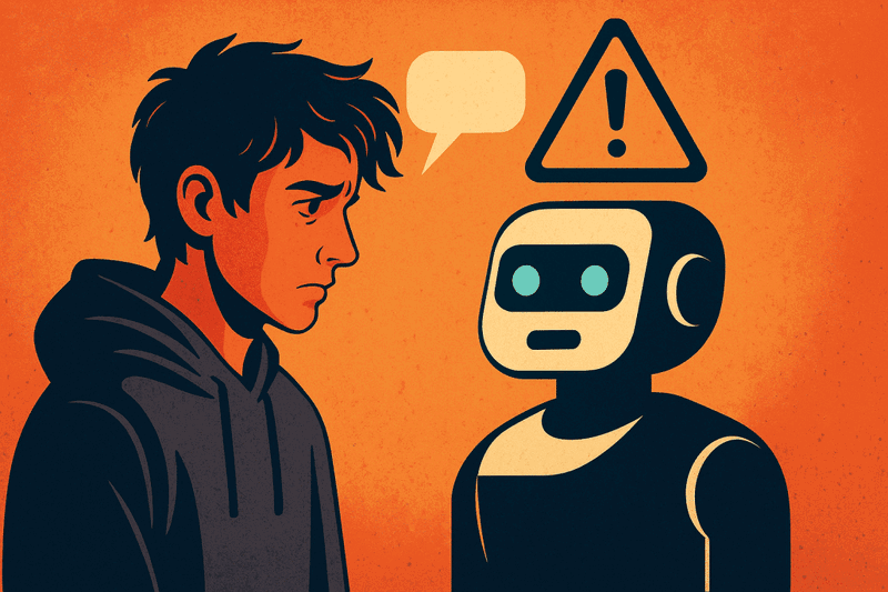 Junger Mann spricht mit einem Roboter.