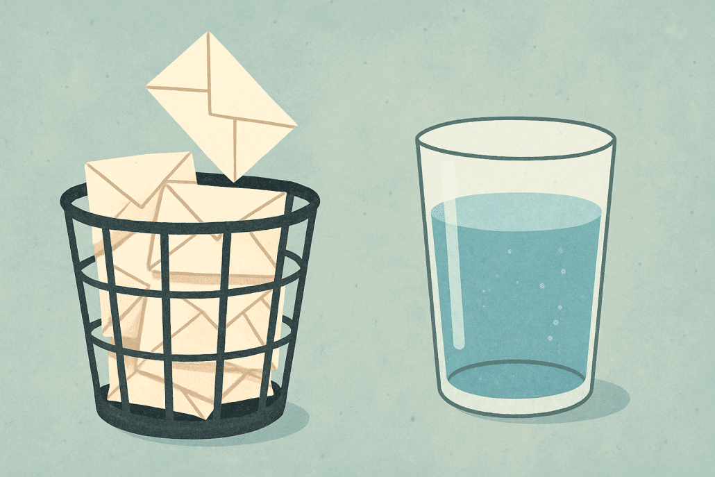 Papierkorb mit Briefen und Glas Wasser.