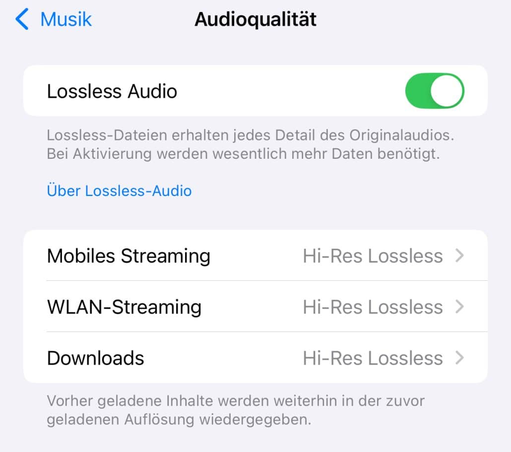 Einstellungen für verlustfreies Audio und Streaming