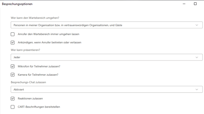 Besprechungsoptionen für Teilnehmer und Präsentatoren