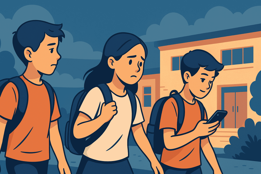 Drei Schüler auf dem Weg zur Schule