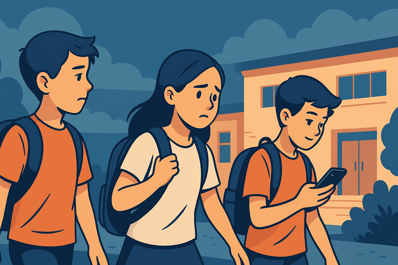 Drei Schüler auf dem Weg zur Schule