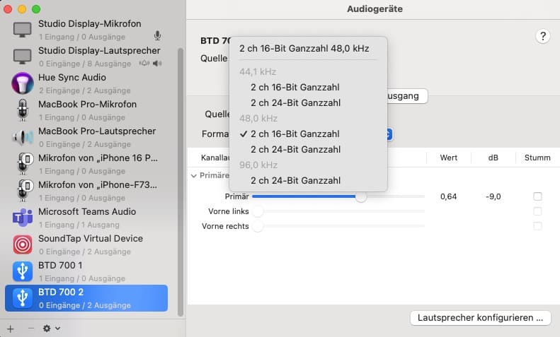Audioeinstellungen für das BTD 700 2 Gerät