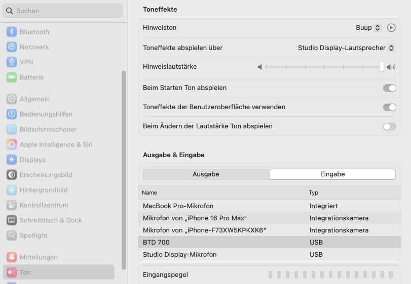 Einstellungen für Toneffekte und Mikrofone auf Mac