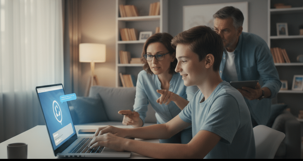 Familie interagiert am Computer für digitale Kommunikation.