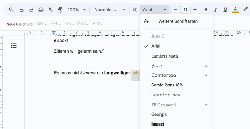 Textverarbeitungsprogramm mit Schriftarten-Auswahl