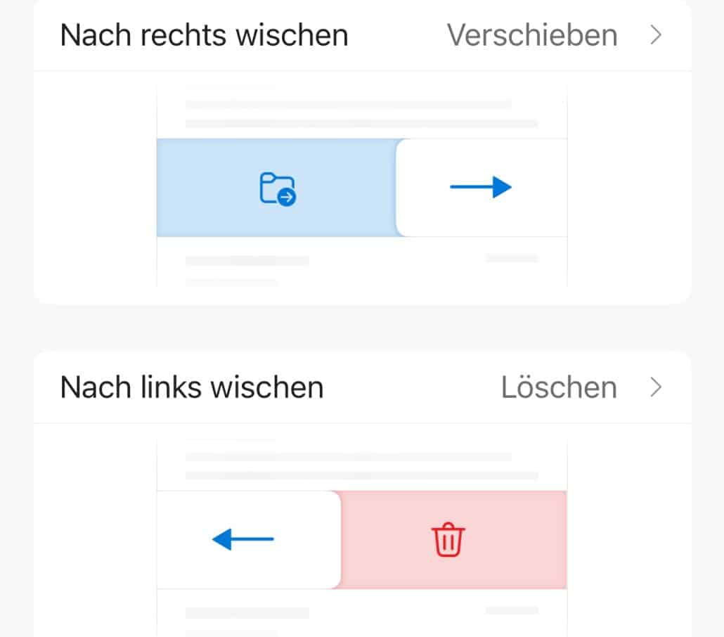 Swipe rechts zum Verschieben, links zum Löschen.