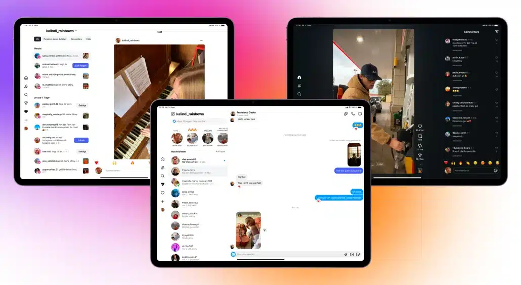 Drei Tablets zeigen soziale Medien und Chats.