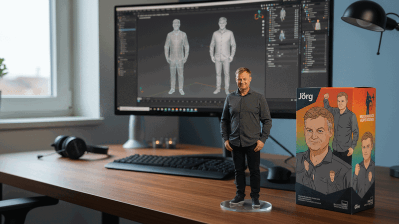 Mann mit Figurenmodell und Computer im Hintergrund.