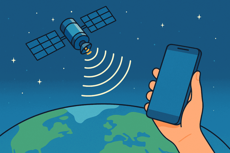 Satellite kommuniziert mit Smartphone über Erde.