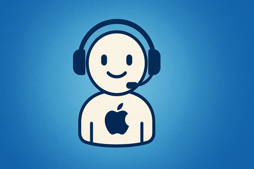 Männliche Figur mit Kopfhörern und Apple-Logo.