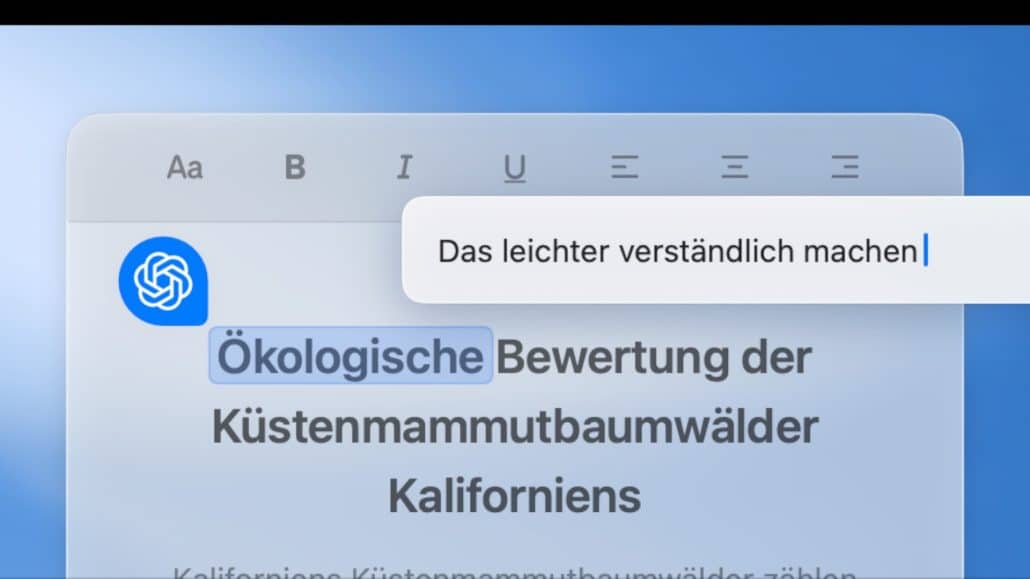 Texteditor mit ökologischer Bewertung für Küstenmammutbäume