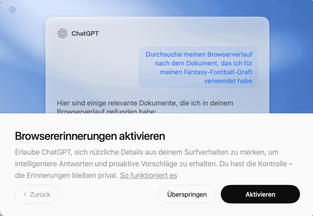 Aktivierung der Browsererinnerungen in ChatGPT