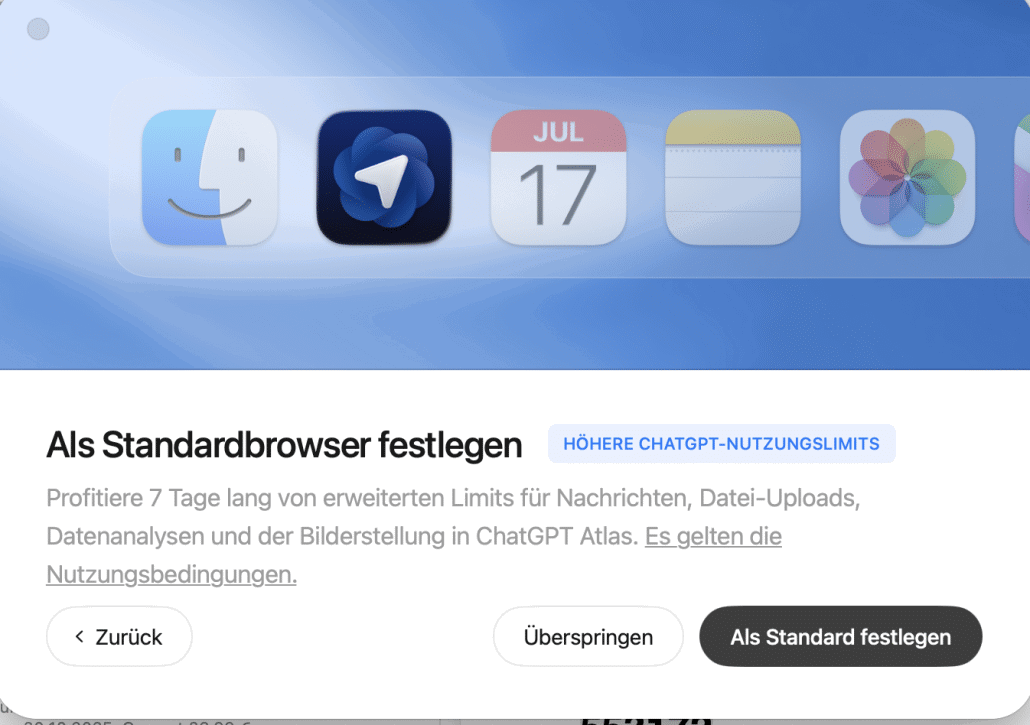 Standardbrowser-Einstellung auf einem Steuerelement-Bildschirm.