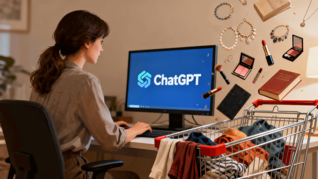 Frau am Computer mit ChatGPT und Einkaufwagen.