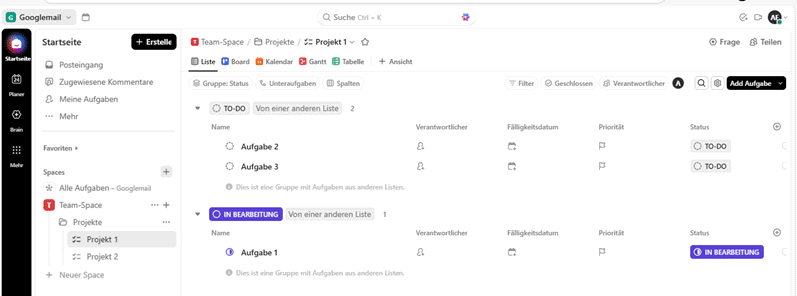 Aufgabenliste in Googlemail mit verschiedenen Projekten
