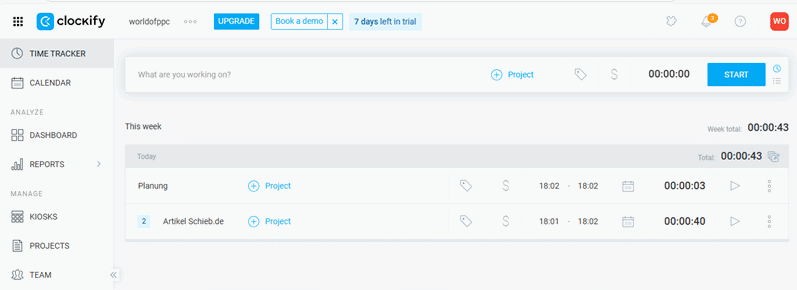 Zeiterfassungstool mit Projektdetails und Timer