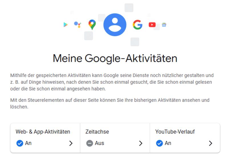 Verwaltung Ihrer Google-Aktivitäten und Einstellungen.