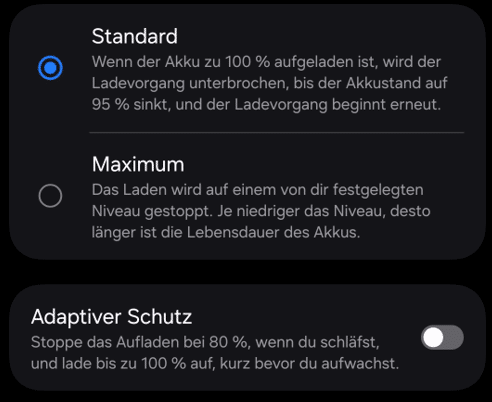 Einstellungen für Akkuladeoptionen auf einem Gerät