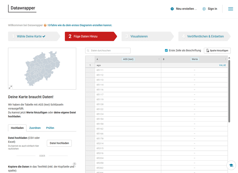 Datawrapper-Benutzerschnittstelle zum Datenhochladen