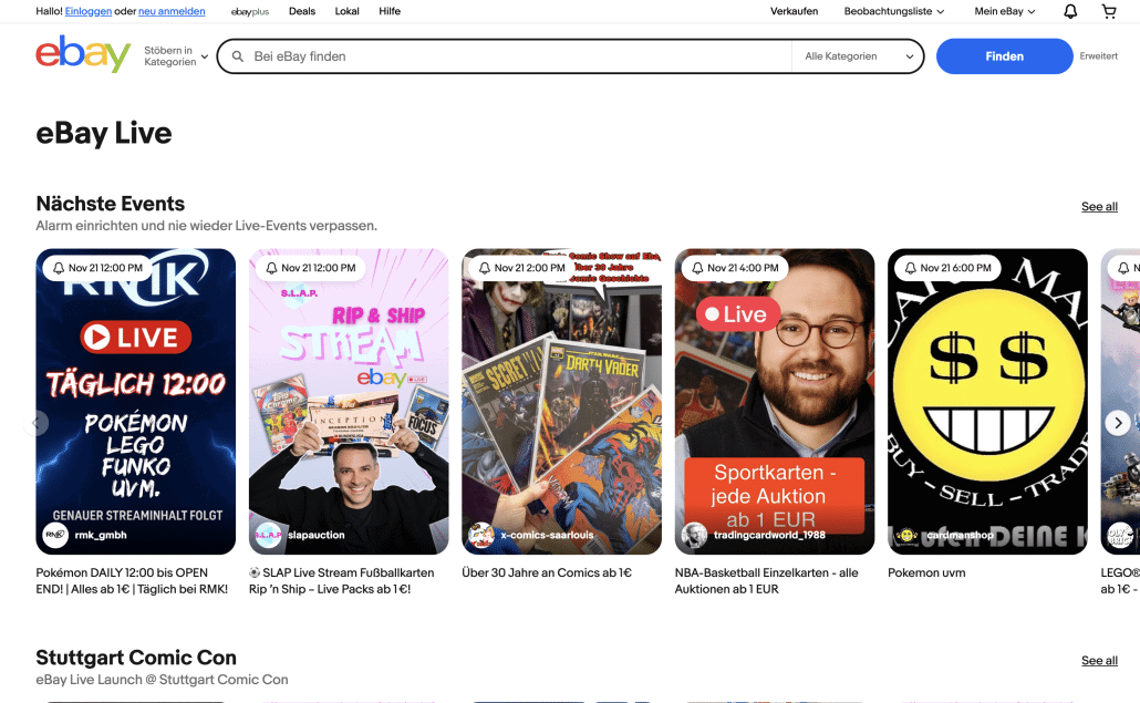 eBay Live Events Übersicht und Ankündigungen