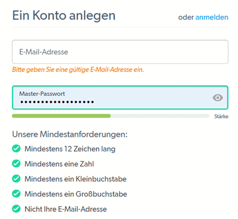 Registrierungsformular mit Passwortanforderungen