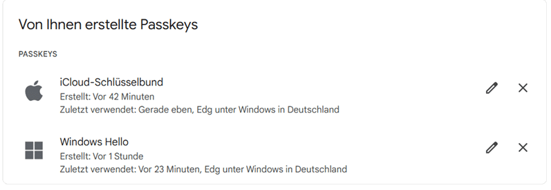 Liste der erstellten Passkeys in Deutschland